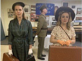 Sara Mattsson, left, and Chelsea Howell-Fellows with Bryan Smith as the soldier in Confederation Theatre's War Brides.