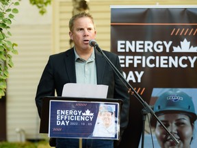 Sarcee Meadows Housing Co-op General Manager Jon Jackson speaks to the media at Sarcee Meadows Housing Co-op on Energy Efficiency Day on Wednesday, October 5, 2022.