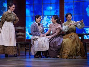 Tara Beagan (Marmee), Heidi Damayo (Amy), Rebbekah Ogden (Beth), and Vanessa Leticia Jetté (Meg) in Theatre Calgary’s Little Women. Photo, Trudie Lee