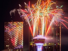Fireworks are released off of the Calgary Tower in Calgary to ring in 2022 on Saturday, January 1, 2022.