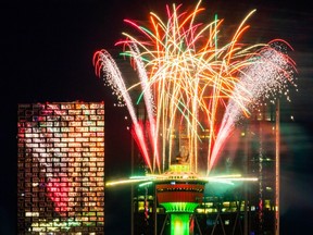 Fireworks are released from the Calgary Tower in Calgary to ring in 2022 on Saturday, January 1, 2022.