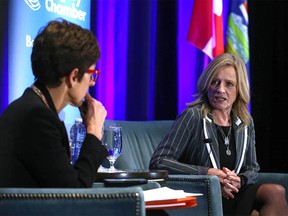 Calgary Chamber of Commerce President and CEO Deborah Yedlin (L) chats with Alberta NDP Leader Rachel Notley during a luncheon in Calgary on Thursday, December 15, 2022. The event was sponsored by the Calgary Chamber of Commerce.