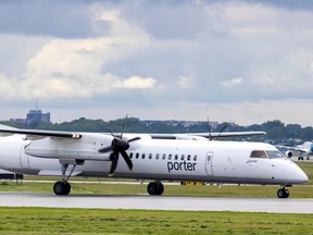 A Porter Airlines turboprop airplane takes off from Montréal-Pierre Elliott Trudeau International Airport in Dorval on Thursday, June 9, 2022.