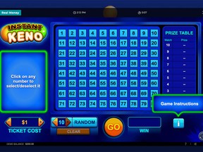 Screenshot from the website PlayAlberta.  Keno Game - Alberta's only regulated online gambling site.