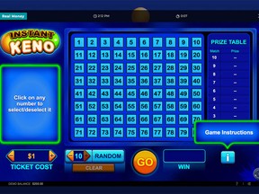 Screenshot from the website PlayAlberta. Keno Game - Alberta's only regulated online gambling site.