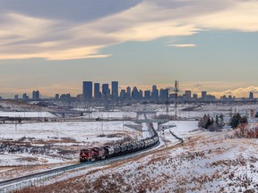 A CP Rail train travels between Calgary International Airport and the city's downtown