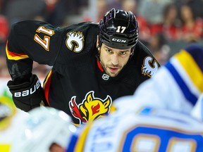 Calgary Flames forward Milan Lucic looks on during NHL action against the St. Louis Cardinals on Friday, Dec. 16, 2022.  Louis Blues at the Scotiabank Saddledome in Calgary.