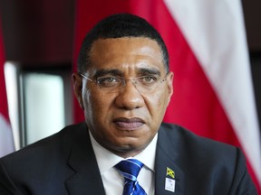 Prime Minister of Jamaica Andrew Michael Holness takes part in a meeting on the side lines of the Summit of the Americas in Los Angeles, California, on Wednesday, June 8, 2022.