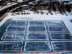 The rinks on Chestermere Lake, as seen in 2018. The Tim Hortons Western Canada Pond Hockey Championship returns for the sixth consecutive year.