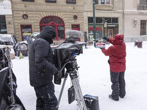 Crew members battle the elements in downtown Calgary while shooting the third season of Fargo.