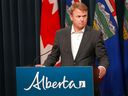 Justice Minister Tyler Shandro speaks to the media on September 26, 2022 at a news conference where he outlined plans that say Alberta will challenge the federal gun confiscation program.