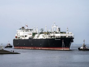 A liquefied natural gas tanker arrives in the Netherlands, in September 2022. "The U.S. has managed to construct seven LNG facilities in the time that Canada has lost 25 opportunities," a Conservative MP said.