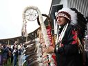 Chief Tony Alexis, of the Alexis Nakota Sioux Nation, prepares to participate in the traditional Grand Entry of Chiefs, ahead of the arrival of Pope Francis, at Muskwa Park in Maskwacis, Alberta, on July 25, 2022 .