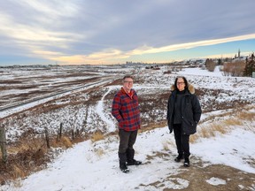 Andrew Yule and Bev Sandalack, with Nose Creek in the background near Coventry Hills on Thursday, Dec. 8, are hoping to generate interest in turning all of the Nose Creek natural areas into one large park.