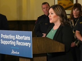 Rebecca Schulz, Minister of Municipal Affairs, speaks at a press conference on Friday, December 16, 2022.