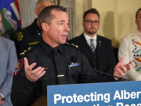 Calgary Police Chief Mark Neufeld speaks during a press conference announcing a new task force to help tackle homelessness and public safety in Calgary.