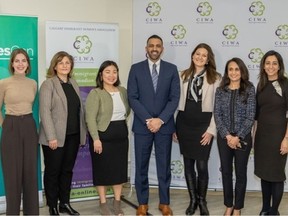 The federal government has provided more than $850,000 in grants to two Calgary organizations helping women entrepreneurs. Pictured left to right: Milanne Desfosses, participant of Movement51; Deana Haley, VP Corporate Initiatives and Intelligence, Calgary Economic Development; Lara Jane King, client of Calgary Immigrant Women's Association; George Chahal, Member of Parliament, Calgary Skyview; Paula Calderon, CEO, Calgary Immigrant Women's Association; Ranju Shergill, board chair, Calgary Immigrant Women's Association; Salima Shivji, board director, Movement51.