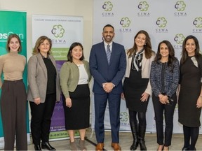 The federal government has provided more than $850,000 in grants to two Calgary organizations that help women entrepreneurs. In the photo from left to right: Milanne Desfosses, participant of Movement51; Deana Haley, VP Corporate Initiatives and Intelligence, Calgary Economic Development; Lara Jane King, client of Calgary Immigrant Women's Association; George Chahal, Member of Parliament, Calgary Skyview; Paula Calderon, CEO, Calgary Immigrant Women's Association; Ranju Shergill, Board Chair, Calgary Immigrant Women's Association; Salima Shivji, Board Director, Movement51.