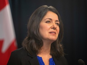 Alberta Premier Danielle Smith speaks at a press conference after the speech from the throne in Edmonton, on Tuesday, Nov. 29, 2022. Smith says her sovereignty bill, which grants her and her cabinet unfettered power to rewrite laws behind closed doors without legislature approval, was never intended to do that.