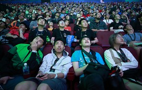 Gaming fans watch the match between Team Liquid and OpTic Gaming during the International 2018 Dota 2 Championships at Rogers Arena in Vancouver.