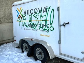 Supplied photos show graffitti damage done recently at  Vecova Centre for Disability Services and Research in northwest Calgary.  The facility was vandalized on December 15, 2022 and damage includes parts of its main building and its on-site property, such as Recycling Services' vehicles and donation bins.