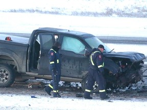 Calgary Police investigate the scene of a fatal accident on Deerfoot Trail near 32nd Avenue N.E. in Calgary on Friday, December 2, 2022.