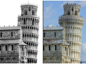 A combination of two pictures shows Pisa's Leaning Tower before the stabilization works in 1992 (L) and at the end of the works in 2010 (R) showing a slightly different tilting level.