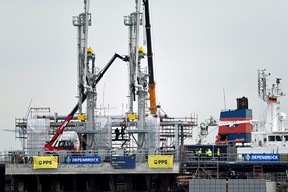 A new floating LNG gas terminal in the harbor at Wilhelmshaven, Germany.