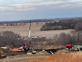 A view of the land repair work underway at site of an oil spill from Keystone Pipeline, located north of Washington, Kansas, U.S December 15, 2022.