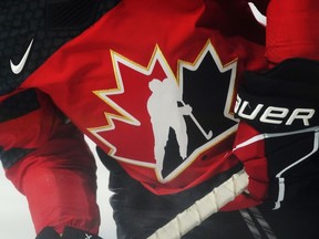 A Team Canada logo is shown on a player during the warm-up prior to Rivalry Series hockey action against the United States in Kamloops, B.C., Thursday, Nov. 17, 2022.