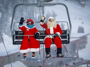 Mrs. Claus and Santa, a.k.a. Lynne and George Kay, were spotted on the Strawberry Chair at Banff’s Sunshine Village resort. Anyone who dresses up like Santa Claus on Christmas Day skis for $75.
