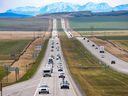 Victoria Day long weekend traffic heads back into Calgary on the Trans-Canada Highway on May 23, 2022.