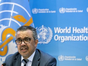 Tedros Adhanom Ghebreyesus, Director General of the World Health Organization (WHO), talks to the media at the World Health Organization (WHO) headquarters in Geneva, Switzerland, Monday, Dec. 20, 2021.&ampnbsp;Monday could mark a major milestone in the history of the COVID-19 pandemic, as the World Health Organization stands poised to decide whether or not to declare an end to the global public health emergency.