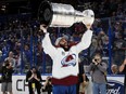Nazem Kadri lifts the Stanley Cup after the Colorado Avalanche defeated the Tampa Bay Lightning 2-1 in Game Six of the 2022 Stanley Cup final at Amalie Arena in Tampa on June 26, 2022.