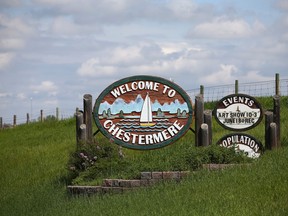 Signs for the City of Chestermere are seen on Hwy. 1 east of Calgary.