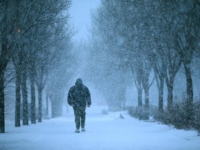 A view of a snowy street in Bridgeland on Friday morning.