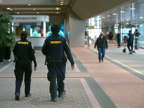 Security patrols at the Municipal Building in Calgary Friday, January 27, 2023.