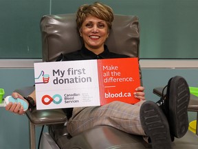 Calgary Mayor Jyoti Gondek makes her first blood donation as part of the 2023 Sirens for Life Alberta Challenge on Tuesday, January 3, 2023.
