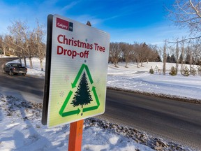 A sign marks the City of Calgary's Christmas tree recycling point in Confederation Park on Tuesday, January 3, 2023.