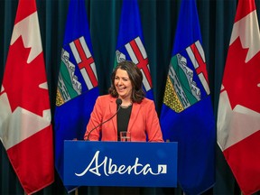 Alberta Premier Danielle Smith speaks with media at McDougall Centre in Calgary on Tuesday, January 10, 2023.