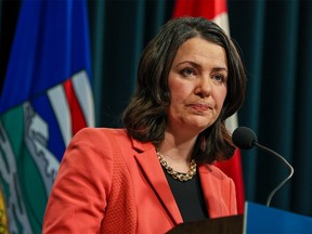 Alberta Premier Danielle Smith speaks to media at the McDougall Center in Calgary on Tuesday, January 10, 2023.