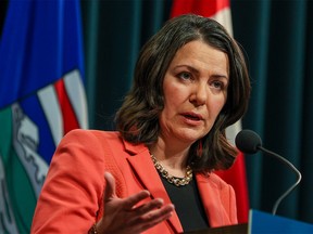 Alberta Premier Danielle Smith speaks to media at the McDougall Center in Calgary on Tuesday, January 10, 2023.