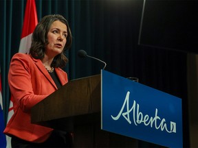 Alberta Premier Danielle Smith speaks with media at McDougall Centre in Calgary on Tuesday, January 10, 2023.