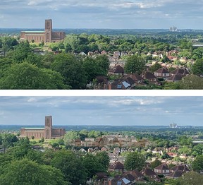 The top image shows Guildford Cathedral as it is now, while the bottom image shows what the proposed development could look like. The proposed development would be built in the green space directly to the right of the cathedral.