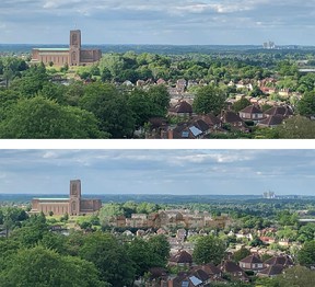 The top image shows Guildford Cathedral as it is now, while the bottom image shows what the proposed development could look like.  The proposed development will be built in the green space directly to the right of the cathedral.