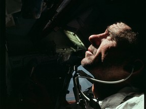 Astronaut Walter Cunningham, Apollo 7 lunar module pilot, is photographed during the Apollo 7 mission in this October 1968 NASA handout photo.