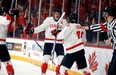 Nathan Gaucher celebrates Connor Bedard’s first-period goal against Team USA on Jan. 4, 2023, in Halifax.