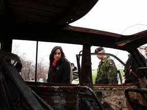 Canadian Defence Minister Anita Anand visits an exhibit of destroyed Russian military equipment in St. Michael's Square, in Kyiv, Ukraine January 18, 2023.