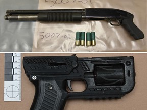 Weapons recovered as part of a Calgary Police Service investigation into a home invasion and shooting that occurred on January 2, 2023 in the city's northeast.