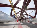 Shattered glass panels are shown on the Peace Bridge on July 24, 2022.